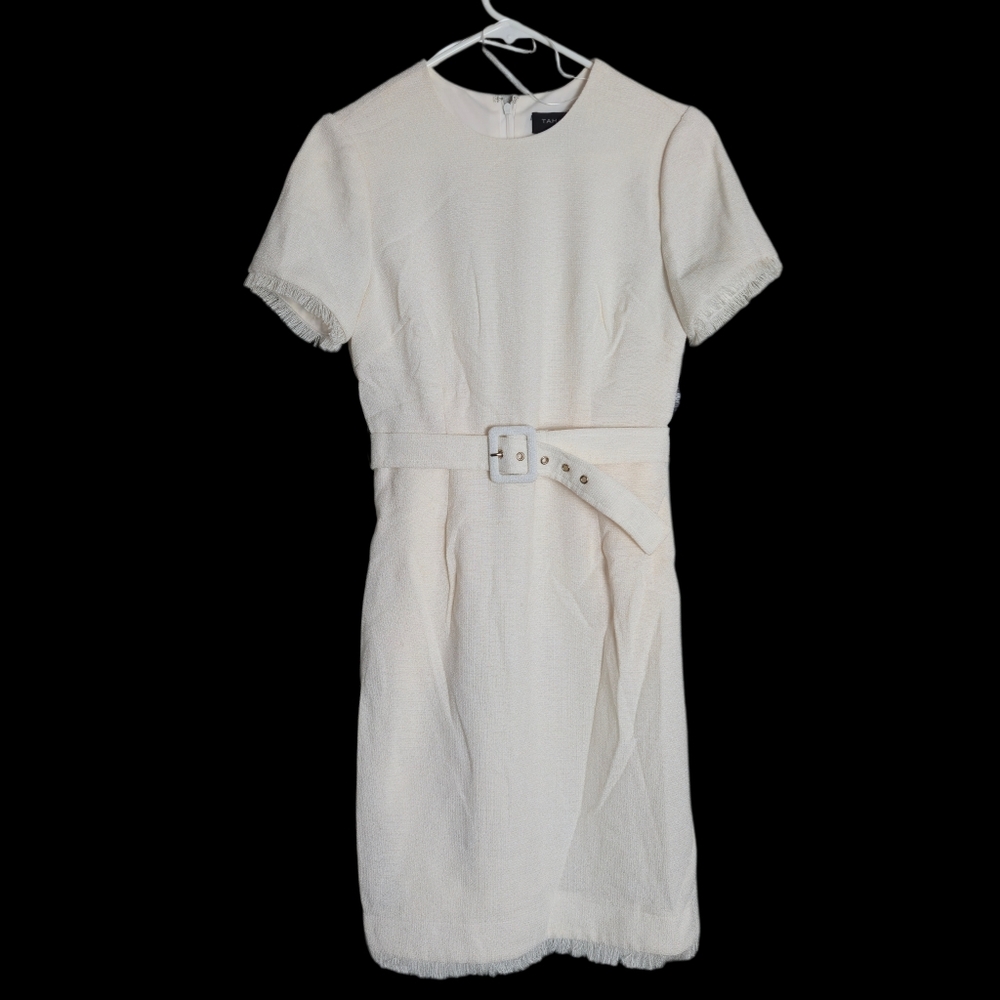 Tahari Vanilla Belted Textured Sheath Dress Off White Cream Fringe Short Sleeve - Picture 14 of 14